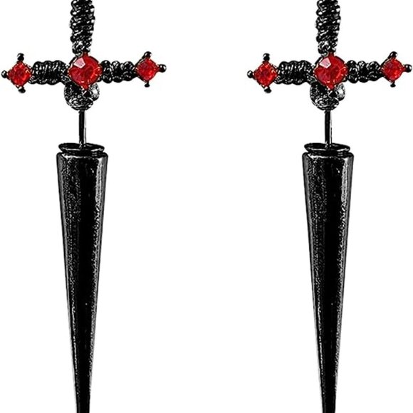 Gothic Sword Cool Punk Dagger Earrings Black With Red Crystal - Picture 3 of 4